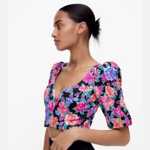 ZARA Women’s Pink Floral Puff Sleeve Crop Top Blouse Size XS